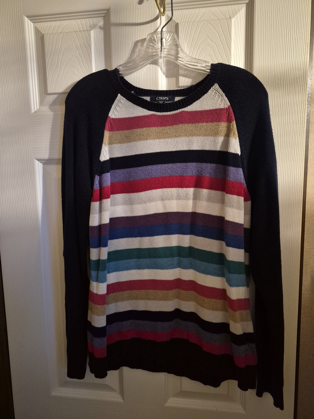 Chaps Multicolor Striped Crewneck Sweater with Navy Sleeves